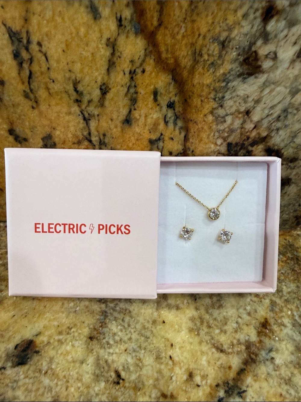 Electric Picks Gold Necklace and Clear Crystal Stud Earring Set